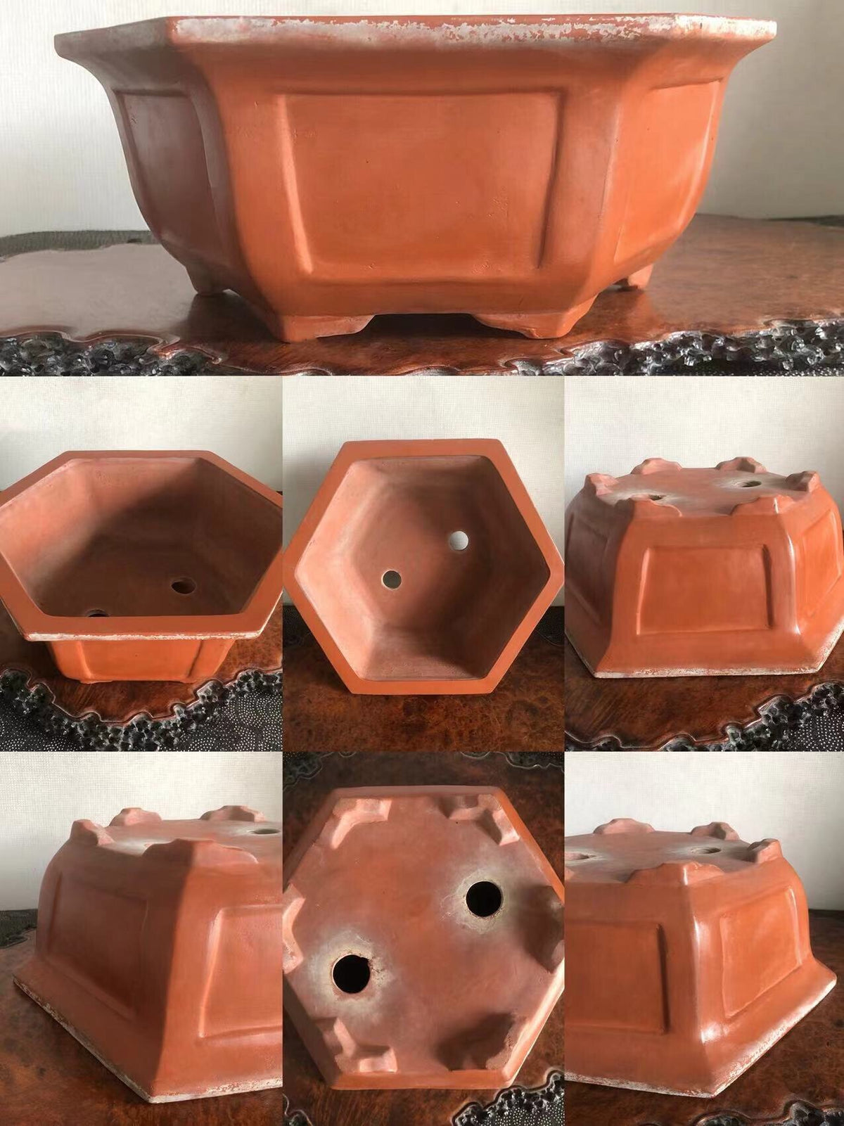Hexagonal terracotta pot with matte finish, showing drainage holes and raised edges.