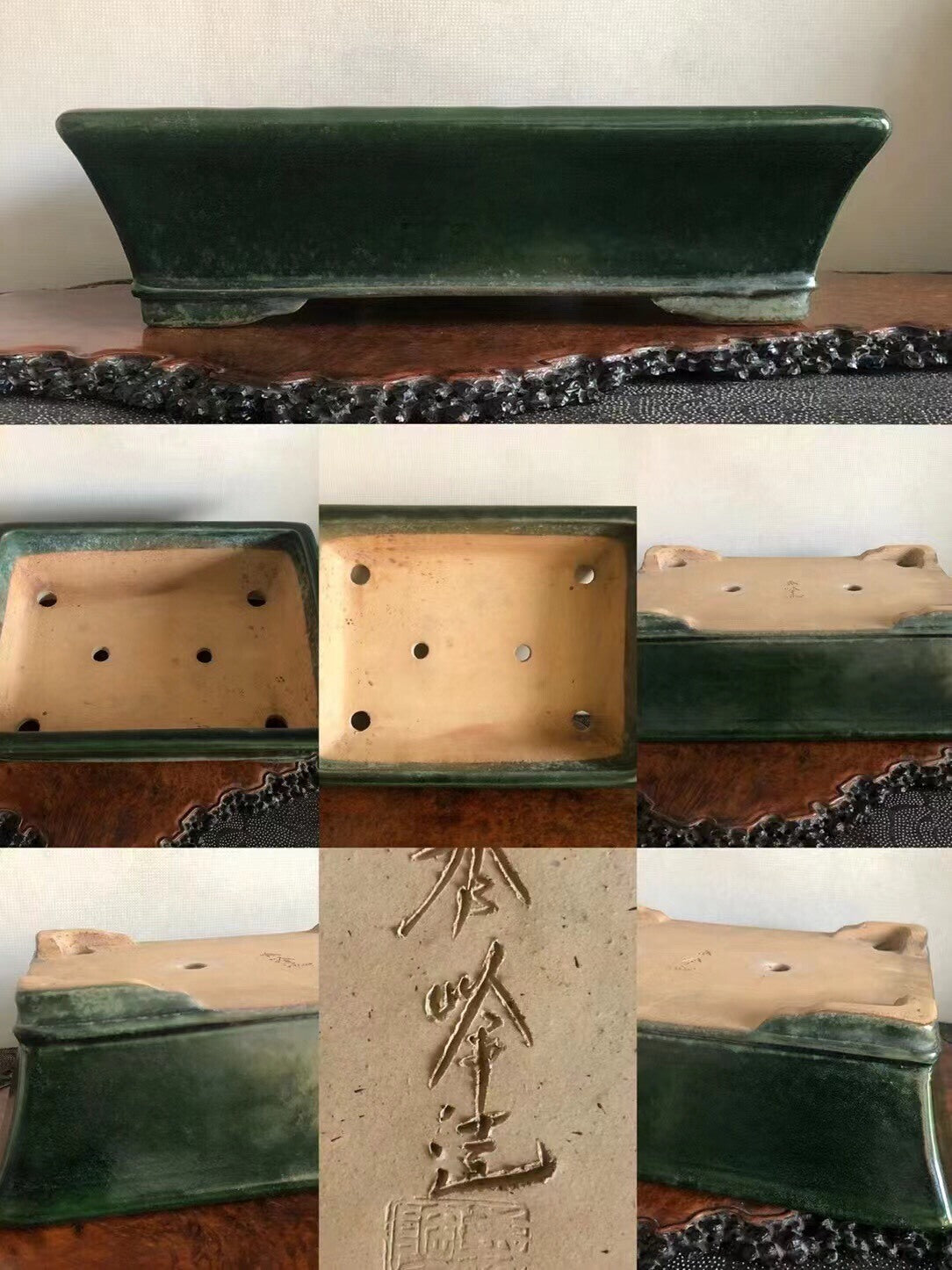 Dark green glazed rectangular pot with carved signature and drainage holes.