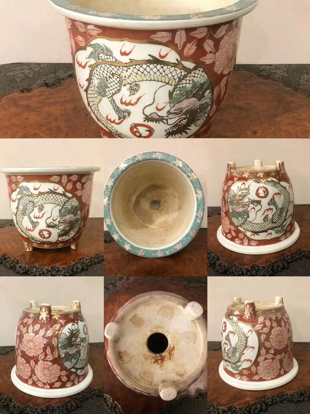 A glazed ceramic pot with a red and white dragon design, shown from multiple angles.