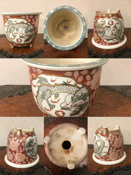 A glazed ceramic pot with a red and white dragon design, shown from multiple angles.