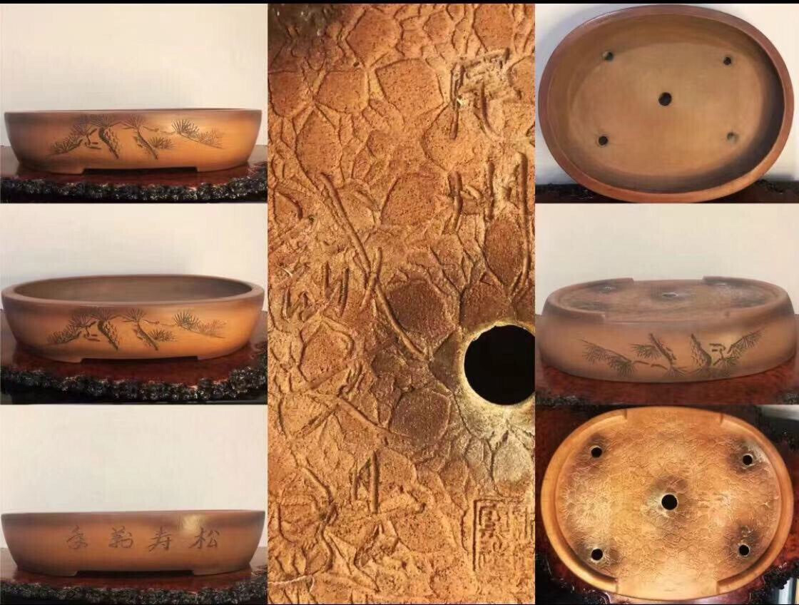 Six views of a brown glazed ceramic bonsai pot with carved pine tree and character decoration.