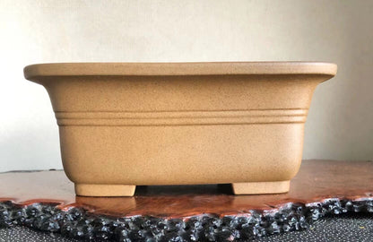 Rectangular tan ceramic pot with horizontal ridges, matte finish, resting on wooden base.