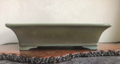 A matte olive-green rectangular pot with gently curved sides and a flat base.