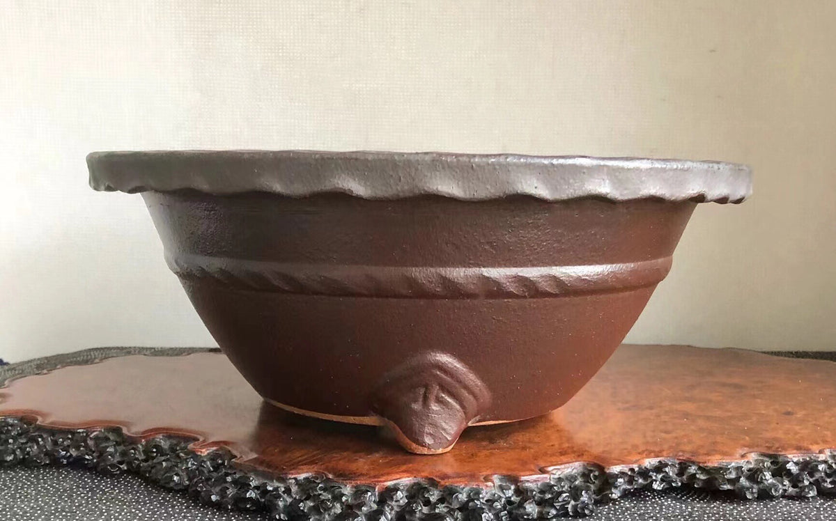 Dark brown ceramic pot with scalloped rim and footed base, matte finish.