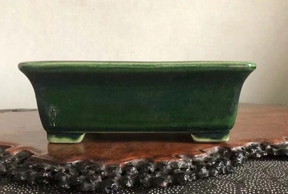 A glossy, dark green rectangular ceramic pot with a small mark on its side.