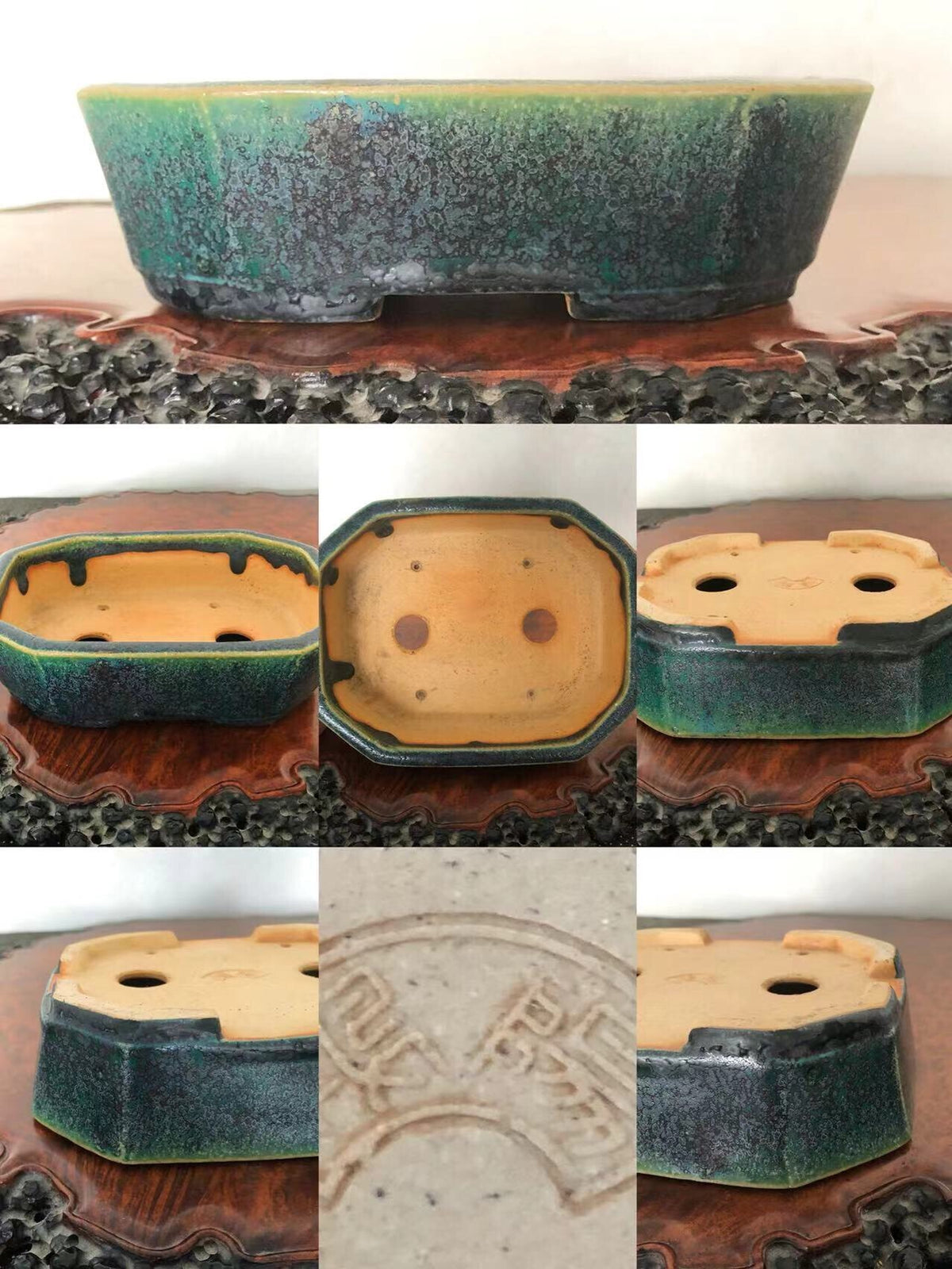 Octagonal glazed pot with green and black mottled glaze, unglazed tan interior, and stamped mark.