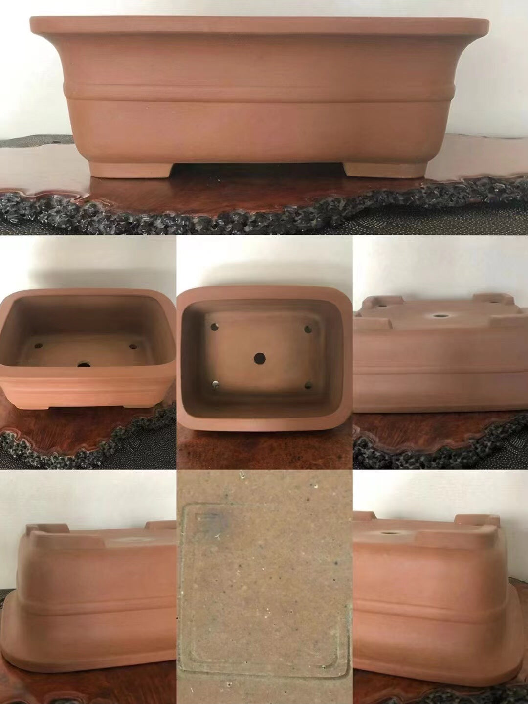 A terracotta bonsai pot, rectangular with rounded corners, unglazed matte finish, four drainage holes.