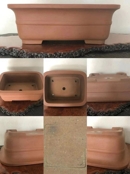 A terracotta bonsai pot, rectangular with rounded corners, unglazed matte finish, four drainage holes.
