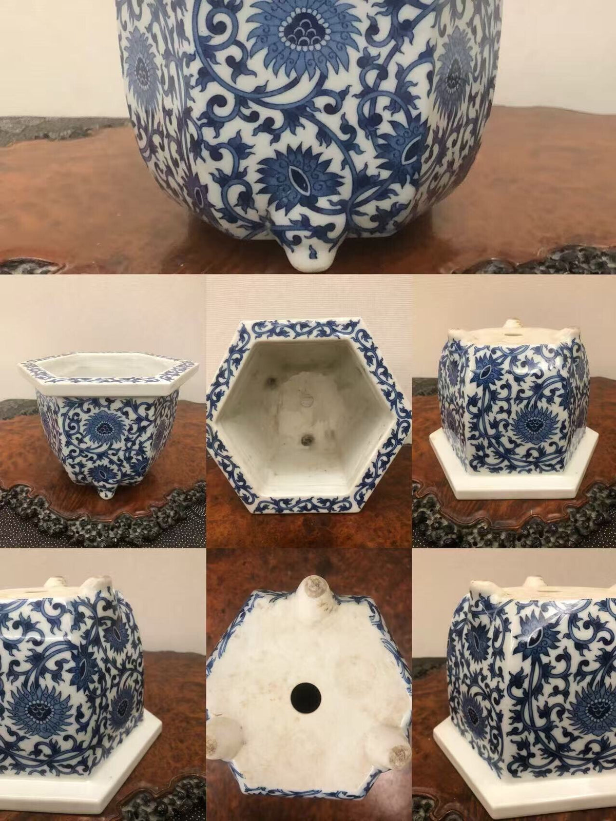 A hexagonal blue and white ceramic pot with intricate floral patterns and a central drainage hole.