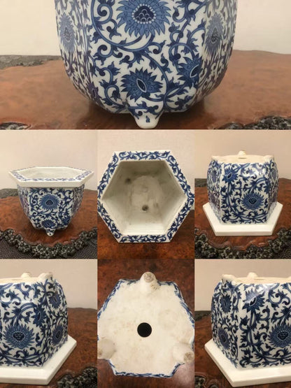 A hexagonal blue and white ceramic pot with intricate floral patterns and a central drainage hole.