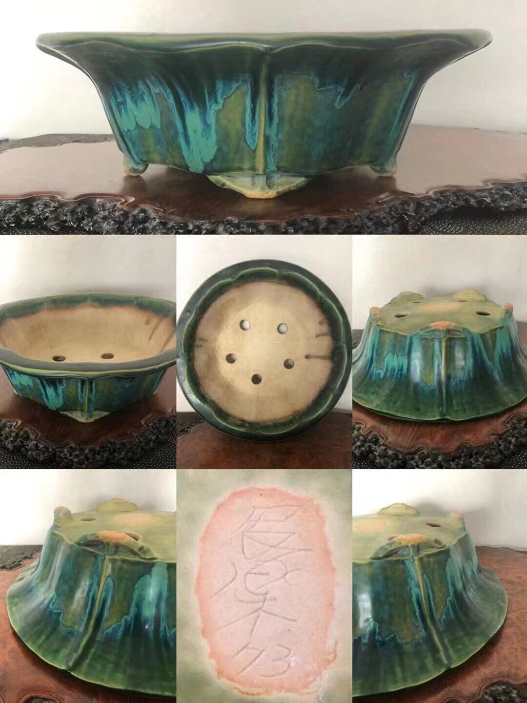 A glazed ceramic bonsai pot with a flared, scalloped rim and mottled green-blue glaze.