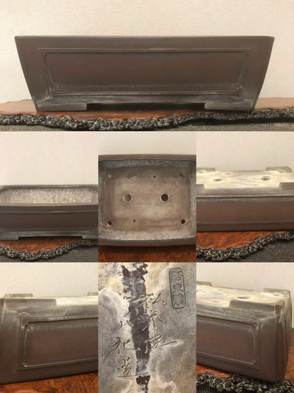 Dark brown rectangular pot with matte finish, two drainage holes, and visible maker’s mark.