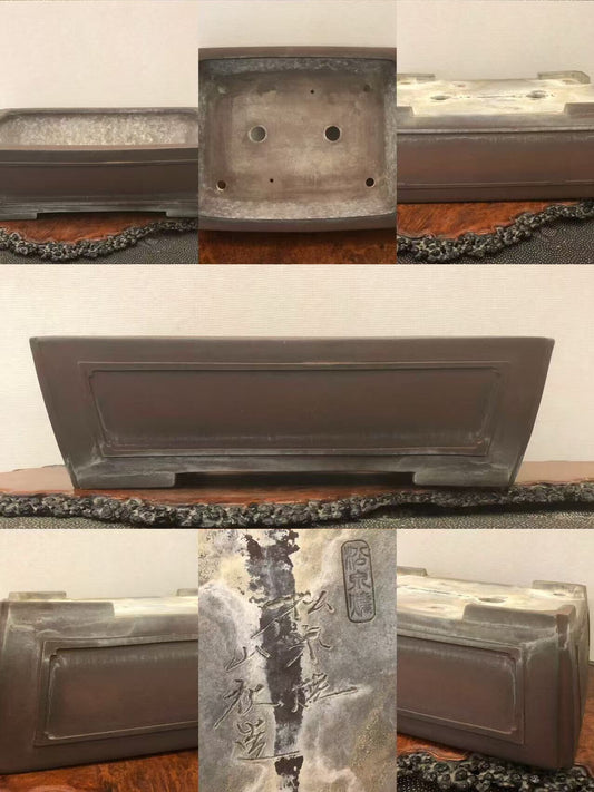 Dark brown rectangular pot with matte finish, two drainage holes, and visible maker’s mark.