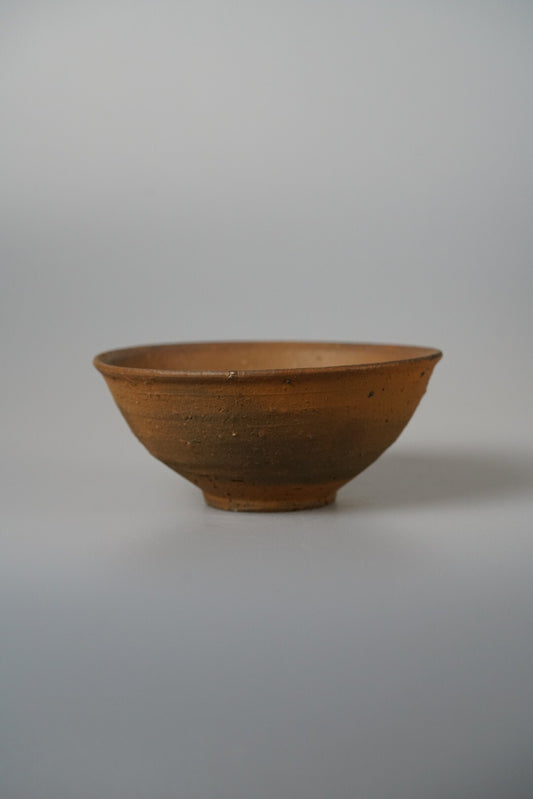 Shallow unglazed bowl in warm terracotta orange, its rim fading to a paler edge.