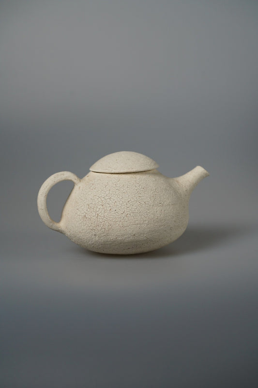 Low round cream teapot with a sandy surface, a flat lid and a rounded loop handle.